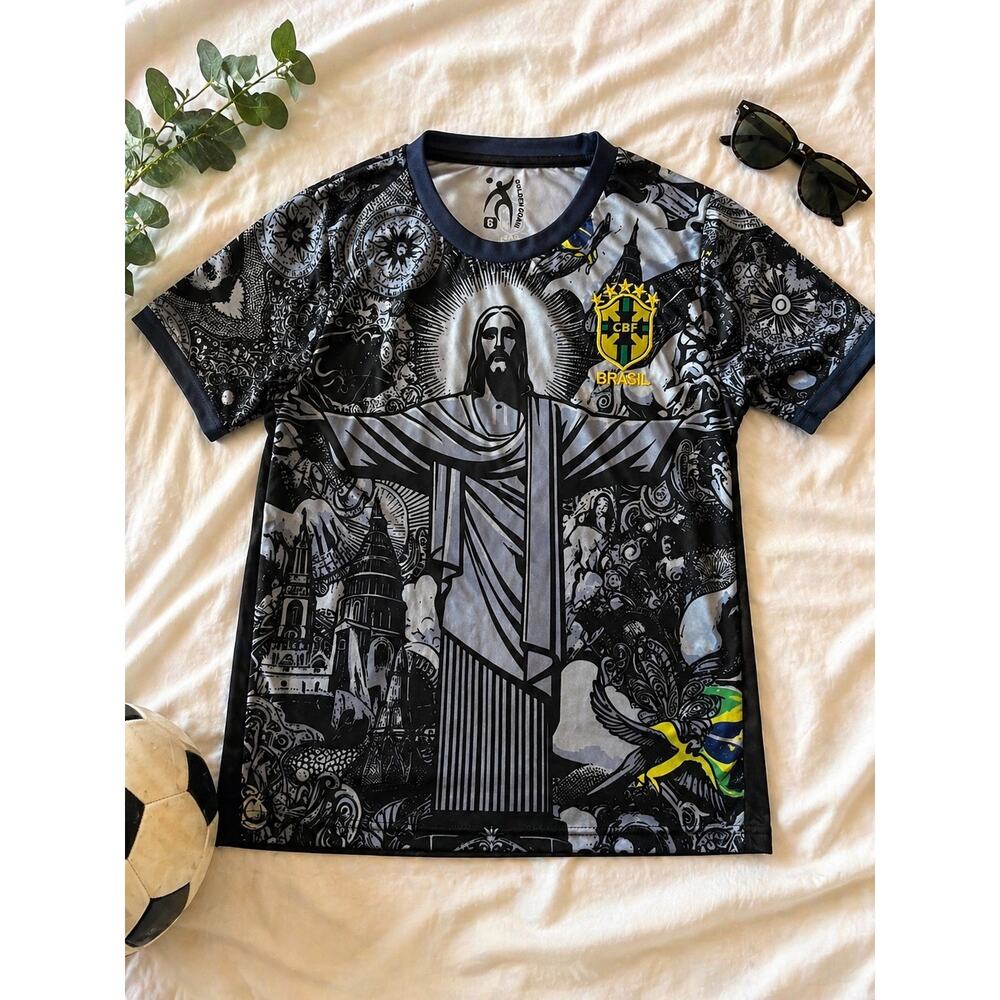 Brazil Soccer Jersey Ronaldinho 10 Youth Size 6 Black Graphic CBF Brasil Futbol